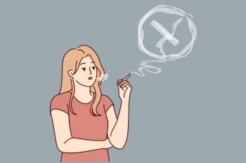 Woman smokes cigarettes, releasing smoke into lungs and risks getting cancer due to bad habit. Girl smokes tobacco and nicotine, which negatively affects health or undermines human immunity.. Woman smokes cigarettes, releasing smoke into lungs and risks getting cancer due to bad habit