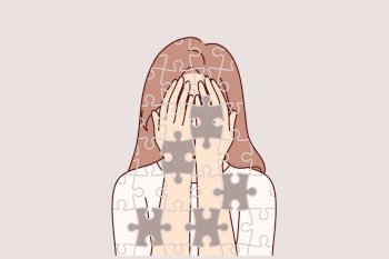 Depressed girl suffers from self-destruction and personality destruction, consists of mosaic with void. Depressed woman with mental disorder and psychological problems needs help of psychologist. Depressed girl suffers from self-destruction and personality destruction, consists mosaic with void