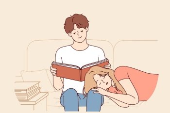 Woman sleeps on boyfriend lap, reading book sitting on couch and feeling safe thanks to relationship with friend. Romantic relationship girl and guy spending evenings together and enjoying life. Woman sleeps on boyfriend lap, reading book sitting on couch and feeling safe thanks to relationship
