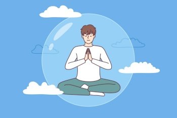 Meditating man does yoga in lotus position in transparent bubble flying in sky and performing zen exercises. Guy is protected by imaginary cocoon that appeared thanks to meditation and yoga. Meditating man does yoga in transparent bubble flying in sky and performing zen exercises