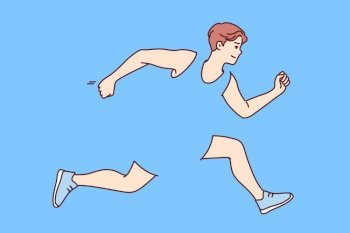 Man runs to have good health, winning sports tournaments or track and field competitions, dressed in transparent clothes. Running guy trains endurance, enjoys running and leads healthy lifestyle. Man runs to have good health, winning sports tournaments or track, dressed in transparent clothes
