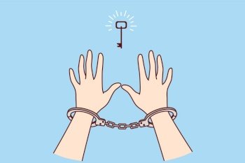 Man in handcuffs reaches for key, wanting freedom and independence, metaphor for solution to problem found. Prisoner sees chance for freedom after unjust court decision that ruined person life. Man in handcuffs reaches for key, wanting freedom, metaphor for solution to problem found