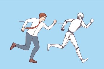 Man office clerk attacks AI robot, out of fear of digitalization and robotization causing mass layoffs. Superiority of robot with artificial intelligence over manager who fails due to AI technology. Man office clerk attacks AI robot, out of fear digitalization and robotization causing mass layoffs