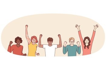Delighted diverse people making victory gestures with hands enjoying joint success. Team of emotional people in casual clothes celebrating common victory or completion of difficult project. Delighted diverse people making victory gestures with hands enjoying joint success
