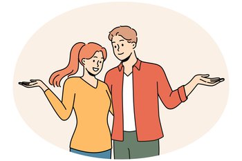 Smiling young couple with open arms feeling positive and cheerful. Happy man and woman show good mood and emotion. Vector illustration.. Smiling couple feel cheerful with open arms