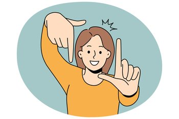 Smiling young woman make camera gesture with hands. Happy girl show taking snap sign. Photography and picture. Vector illustration.. Smiling woman make camera gesture