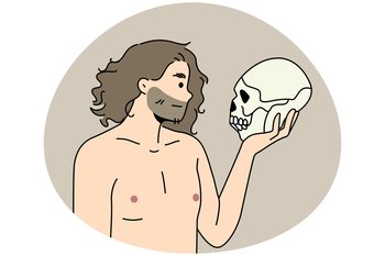 Neanderthal man holding in arms talking to ancestor skull. Prehistoric male with ancient human head braincase in hands. Vector illustration.. Neanderthal man with ancestor skull in hands