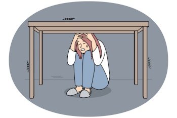 Unhappy woman feel scared and terrifies hide under table. Stressed female cry suffer from fear and panic attack. Vector illustration.. Unhappy stressed woman hide under table