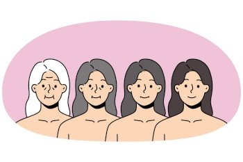 Set of woman faces in different age range. Collection of female aging from millennial girl to mature grey-haired grandmother. Vector illustration.. Set of woman aging from girl to grandmother