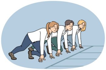 Motivated businesspeople at start at stadium prepared for running contest. Employees or colleagues ready for race. Rivalry and competition. Vector illustration.. Motivated businesspeople at start ready for race