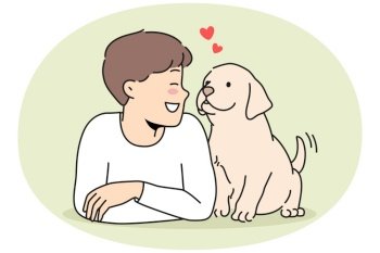 Smiling little boy child lying with cute puppy. Happy kid playing with dog enjoy leisure time with pet friend. Vector illustration.. Smiling boy with cute puppy