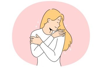 Happy woman hug herself showing selflove and selfcare. Smiling girl embrace body feeling confident and overjoyed. Vector illustration.. Smiling woman hug herself show selflove