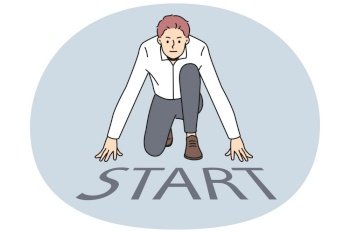 Motivated businessman get ready at start mark on road. Confident male employee prepare for business startup launch or project. Vector illustration.. Motivated businessman get ready at start