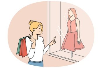 Happy woman with bags shopping in boutiques for new clothes. Smiling girl buying fashion apparel in shops look in showcases. Vector illustration.. Happy woman with bags shopping