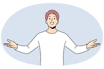 Excited man with open arms feel overjoyed enjoying success or win. Happy male celebrate victory feeling successful and fascinated. Vector illustration. . Excited man with open arms happy with success
