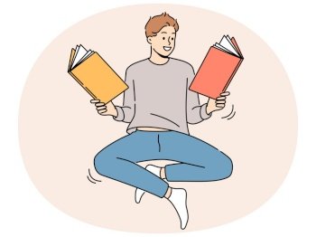 Smiling man floating in air reading books. Happy male reader enjoy literature. Bookworm and hobby concept. Vector illustration.. Smiling man floating in air reading books