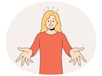 Smiling woman with arms open feel positive and optimistic meeting someone. Happy girl stretch hands welcoming newcomer or newbie. Vector illustration.. Smiling woman with arms open welcoming someone