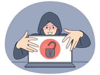 Hacker in hood touching open laptop with padlock symbol on screen steal secure information. Concept of cybersecurity and password and data leakage. Vector illustration.. Hacker in hood steal information from computer