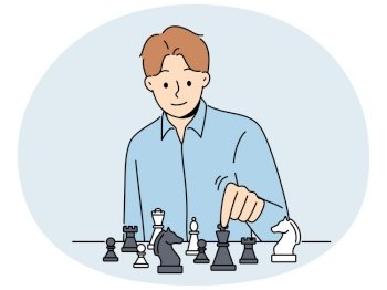 Smiling man sit at table play chess. Happy businessman enjoy game on chessboard. Hobby and leisure time. Strategy and planning. Vector illustration.. Smiling man playing chess