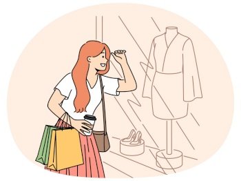 Smiling woman with bag look at showcase choosing dress. Happy female buyer look at window case buy clothes. Shopaholic and fashion. Vector illustration.. Smiling woman shopping looking in showcase