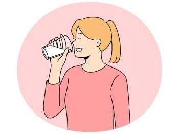 Smiling girl drinking milk from glass. Happy woman enjoy dairy product for calcium and nutrition organic diet. Vector illustration.. Smiling girl drink milk from glass