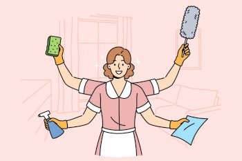Woman maid is ready to quickly clean apartment, working in multitasking mode thanks to presence of four hands. Girl maid stands in hotel room and holds items to perform high-quality cleaning. Woman maid is ready to clean apartment, working in multitasking mode thanks to presence four hands