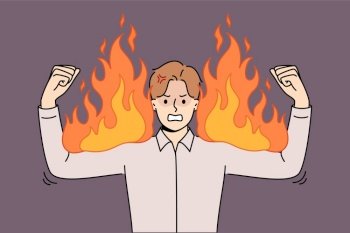 Angry business man experiencing anger and rage, showing burning biceps symbolizing strength and power. Corporate manager demonstrates anger after learning about mistakes made by subordinates. Angry business man experiencing anger, showing burning biceps symbolizing strength and power