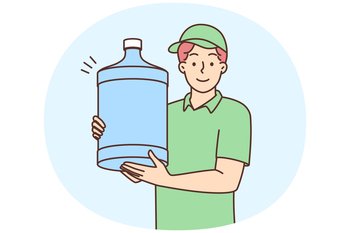 Man works as water delivery man holding large bottle for aqua cooler and looking at camera. Guy in cap and t-shirt working in service of delivering drinking water to offices. Man works as water delivery man holding large water cooler bottle in hands