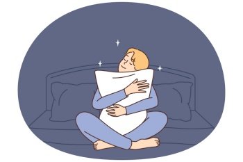 Happy man sit in bed hugging pillow. Smiling guy ready for bedtime in cozy bedroom at home. Fatigue and relaxation. Vector illustration.. Happy man sit in bed hug pillow