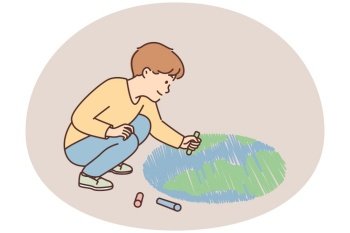 Smiling little boy child drawing planet on ground with chalks. Happy kid have fun paint earth on street. Vector illustration.. Smiling boy child draw planet on ground