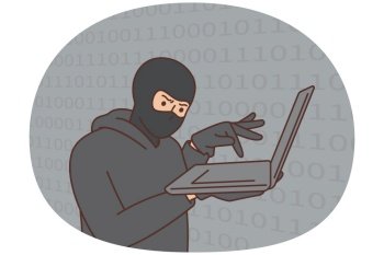 Hacker, cybercriminal with laptop stealing users personal data. Security concept.Hack attacks and web security. A hacker in a black hood with a laptop is trying to carry out a cyber attack.. Hacker, cybercriminal with laptop stealing users personal data
