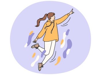 Happy energetic young woman flying engaged in creative thinking and visualization. Smiling girl feel inspired and creative in love. Inspiration and imagination concept. Vector illustration.. Energetic woman flying involved in creative thinking