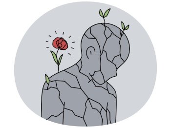 Flower growing on stone person suffering from loneliness or solitude. Broken human sculpture with rose blooming. Concept of life and hope. Rebirth. Vector illustration.. Flower growing on stone person