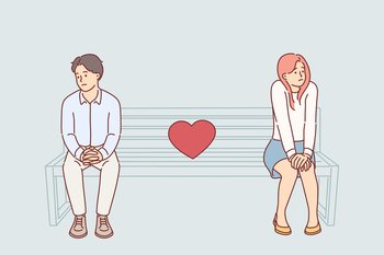 Shy couple on first date, sitting on park bench and feeling awkward due to lack common interests. Quarreling shy husband and wife look in different directions, embarrassed to apologize or confess love. Shy couple on first date, sitting on park bench and feeling awkward due to lack of common interests