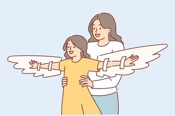Mother plays with daughter using imaginary wings to motivate child for achieve goals. Caring mom wants to raise confident girl and motivates daughter for win and have no fear in overcoming problems. Mother plays with daughter using imaginary wings to motivate child to achieve goals