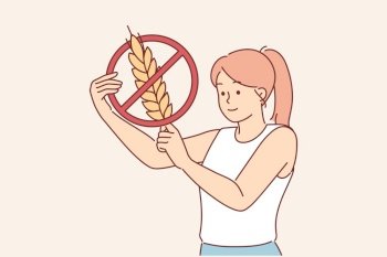 Woman holds gluten-free sign, urging people to stop eating foods containing grains and wheat. Crossed out spikelet as metaphor for gluten-free movement caused by allergies or desire to lose weight. Woman holds gluten-free sign, urging people to stop eating foods containing grains and wheat