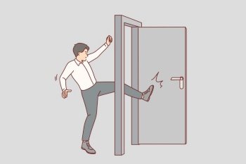 Business man kicks door bursting into office of competitors, violated business ethics. Guy, company manager, breaks down door, demonstrating willingness to do anything to achieve goal.. Business man kicks door bursting into office of competitors, violated business ethics