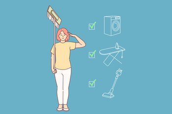 Woman housewife completed all housework stands in soldier pose with mop in hands. Checkbox of washing machine and vacuum cleaner or ironing board, for concept task plan for doing housework. Woman housewife completed all housework stands in soldier pose with mop in hands