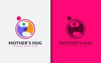 Mother Hug Logo Design. Abstract Mother Hugging her Child in a Simple Minimalist Style. Vector Logo Illustration.