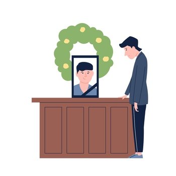 Person in mourning, man grieving and sorrowful tears. Friend or family loss, death grief and psychological pain. Sad emotion, memories recent vector character of sorrow and grief illustration. Person in mourning, man grieving and sorrowful tears. Friend or family loss, death grief and psychological pain. Sad emotion, memories recent vector character