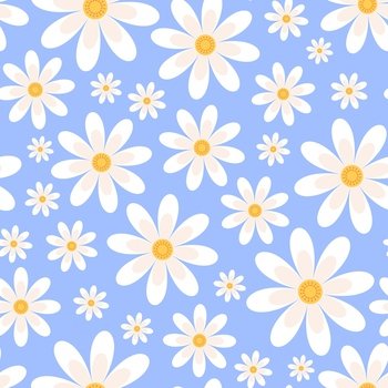 Daisy seamless pattern, chamomile fashion fabric print. Trendy flat floral texture, cute simple flowers background. Nature racy vector design of chamomile pattern, flower and floral illustration. Daisy seamless pattern, chamomile fashion fabric print. Trendy flat floral texture, cute simple flowers background. Nature racy vector design
