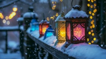Lanterns Aglow on a Wintry Snow-covered Balustrade