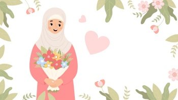 Cute muslim woman in hijab with bouquet flower. Islamic female ethnic character on floral background. Holiday poster with empty space for text Horizontal banner. Vector illustration.