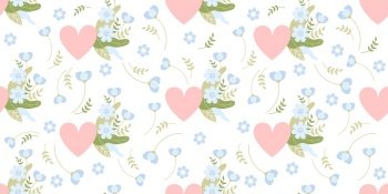 Romantic floral seamless pattern. Gently blue flowers and leaves with heart on white background. Vector horizontal illustration.