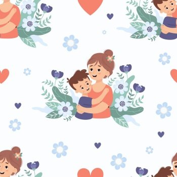 Seamless pattern with happy woman mom with son on background with flowers. Vector illustration in flat cartoon style. Mothers holiday confession.