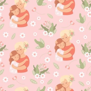 Seamless pattern with happy woman mother with daughter on pink background with flowers. Vector illustration in flat cartoon style. Mothers holiday confession.