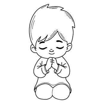 Praying boy on his knees with folded hands in prayer. Linear hand drawing. Coloring book. Religious believer male child character. Kids collection.