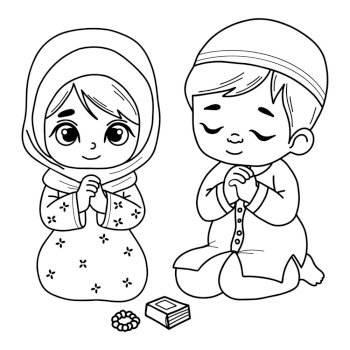 Cute traditional praying Islamic children. Religious ethnic believer little girl and boy character on his knees with folded hands in prayer. Vector illustration. Isolated outline hand drawings.