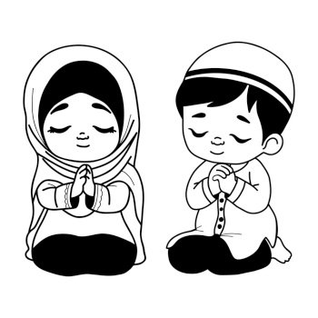 Cute praying muslim children. Religious traditional ethnic believer little girl and boy character. Vector illustration. Isolated hand drawings. Kids collection.