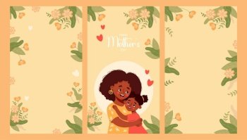 Mother’s Day posters. Happy ethnic black woman hugs daughter on yellow background with  flowers. Vertical isolated festive banners. Vector illustration.